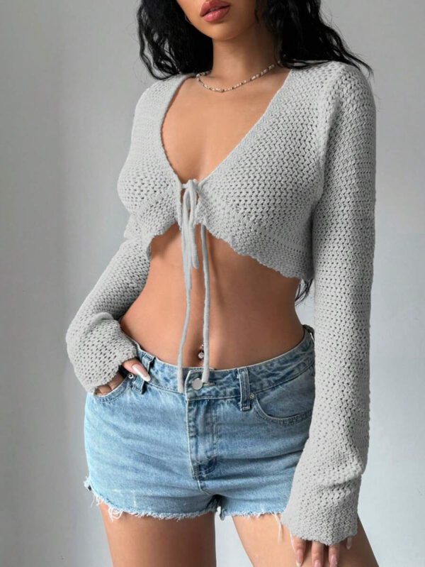 Flirla Cardigan court à manches longues, col à nouer et couleur unie pour femme, décontracté pour l'automne – Image 13
