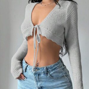 Flirla Cardigan court à manches longues, col à nouer et couleur unie pour femme, décontracté pour l'automne