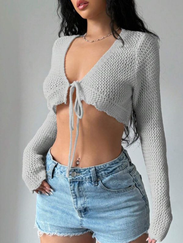 Flirla Cardigan court à manches longues, col à nouer et couleur unie pour femme, décontracté pour l'automne – Image 14