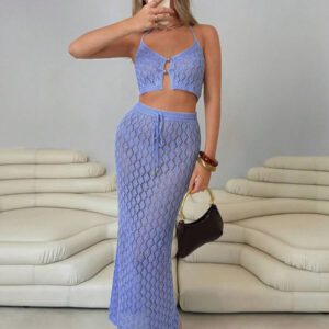 Roylia Ensemble 2 pièces de style blogueur, Top élégant à encolure ras-du-cou ajouré avec boucle métallique, jupe maxi à cordon coulissant
