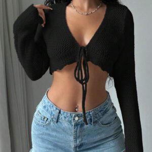 Flirla Cardigan court à manches longues, col à nouer et couleur unie pour femme, décontracté pour l'automne