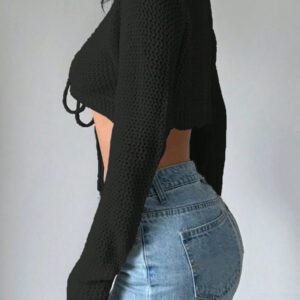Flirla Cardigan court à manches longues, col à nouer et couleur unie pour femme, décontracté pour l'automne