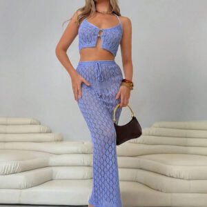 Roylia Ensemble 2 pièces de style blogueur, Top élégant à encolure ras-du-cou ajouré avec boucle métallique, jupe maxi à cordon coulissant