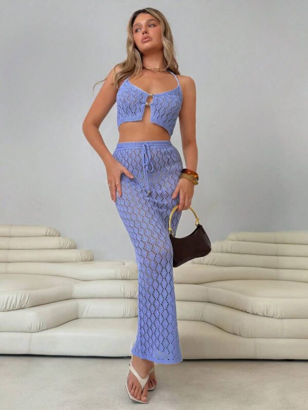 Roylia Ensemble 2 pièces de style blogueur, Top élégant à encolure ras-du-cou ajouré avec boucle métallique, jupe maxi à cordon coulissant – Image 5