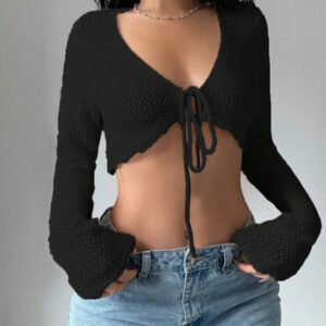 Flirla Cardigan court à manches longues, col à nouer et couleur unie pour femme, décontracté pour l'automne