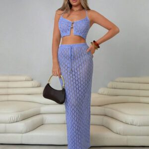 Roylia Ensemble 2 pièces de style blogueur, Top élégant à encolure ras-du-cou ajouré avec boucle métallique, jupe maxi à cordon coulissant