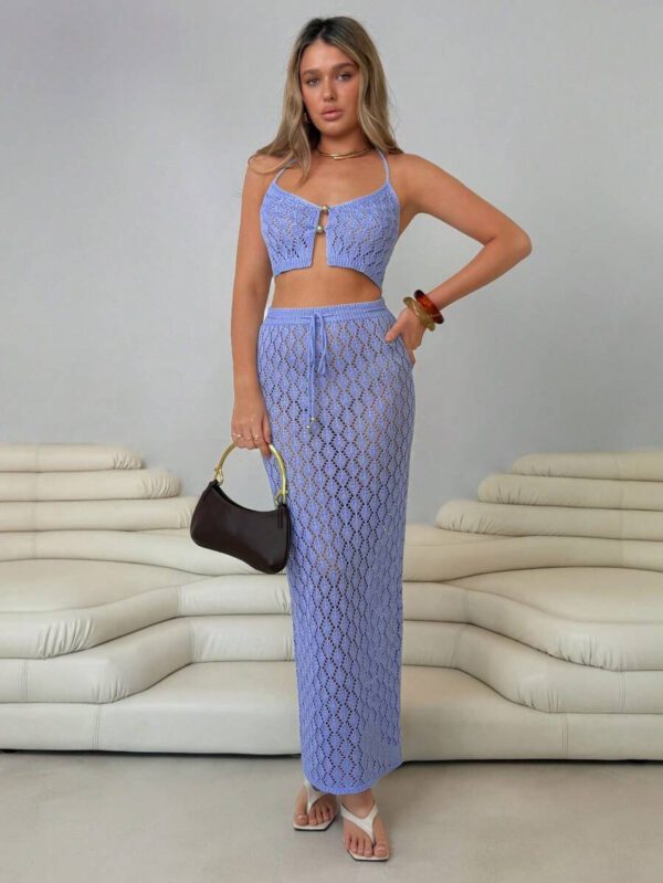 Roylia Ensemble 2 pièces de style blogueur, Top élégant à encolure ras-du-cou ajouré avec boucle métallique, jupe maxi à cordon coulissant – Image 6