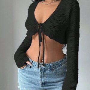 Flirla Cardigan court à manches longues, col à nouer et couleur unie pour femme, décontracté pour l'automne