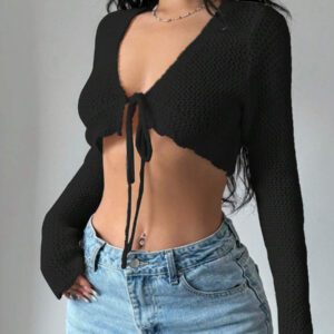 Flirla Cardigan court à manches longues, col à nouer et couleur unie pour femme, décontracté pour l'automne