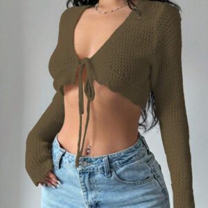 Flirla Cardigan court à manches longues, col à nouer et couleur unie pour femme, décontracté pour l'automne
