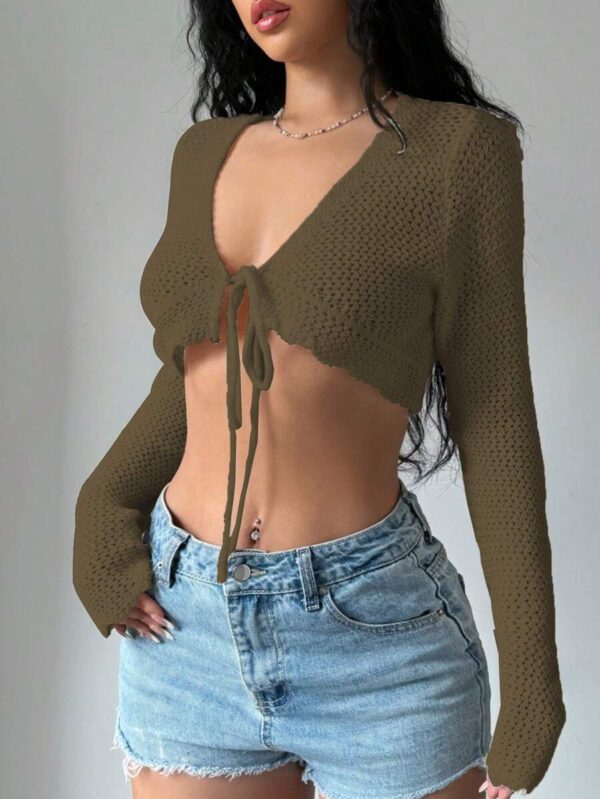 Flirla Cardigan court à manches longues, col à nouer et couleur unie pour femme, décontracté pour l'automne – Image 24