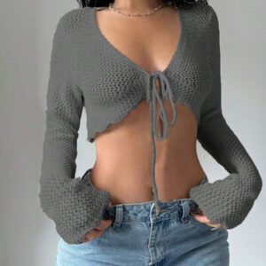 Flirla Cardigan court à manches longues, col à nouer et couleur unie pour femme, décontracté pour l'automne