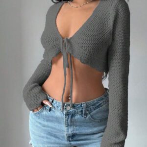Flirla Cardigan court à manches longues, col à nouer et couleur unie pour femme, décontracté pour l'automne
