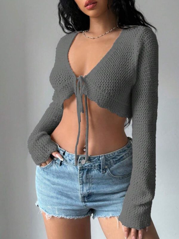 Flirla Cardigan court à manches longues, col à nouer et couleur unie pour femme, décontracté pour l'automne – Image 28