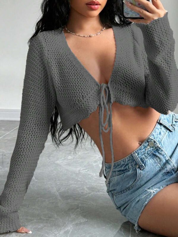 Flirla Cardigan court à manches longues, col à nouer et couleur unie pour femme, décontracté pour l'automne – Image 29