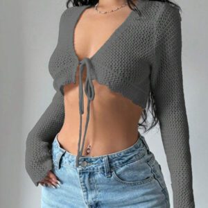 Flirla Cardigan court à manches longues, col à nouer et couleur unie pour femme, décontracté pour l'automne