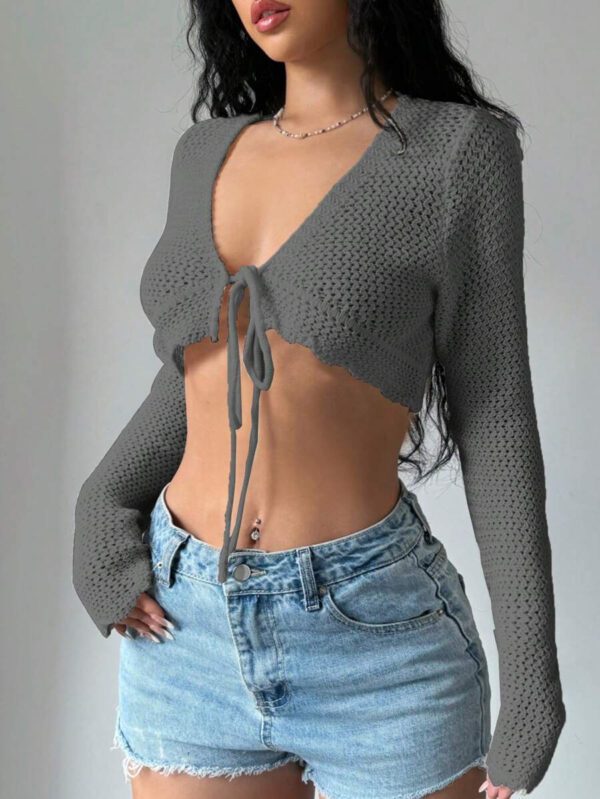 Flirla Cardigan court à manches longues, col à nouer et couleur unie pour femme, décontracté pour l'automne – Image 30