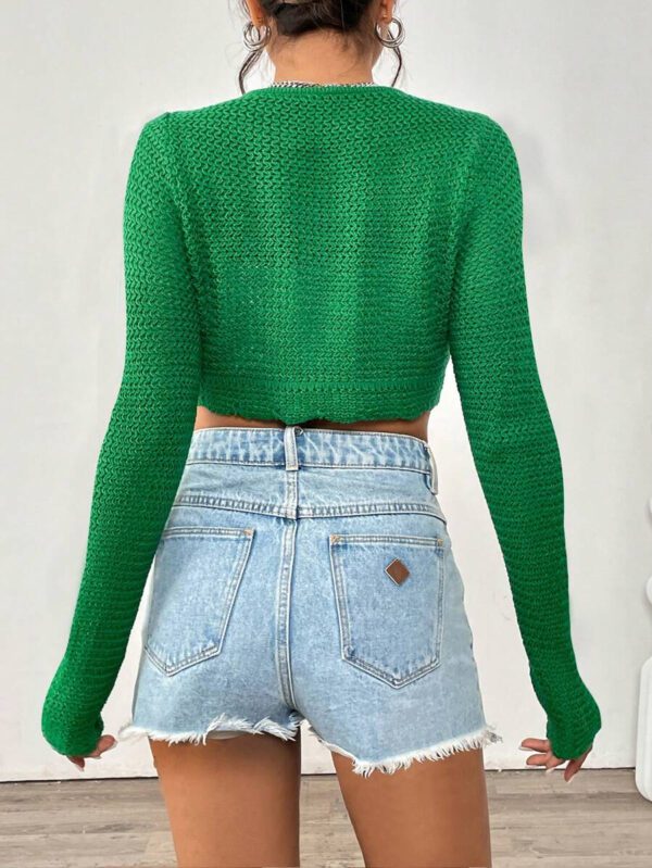 Flirla Cardigan court à manches longues, col à nouer et couleur unie pour femme, décontracté pour l'automne – Image 33