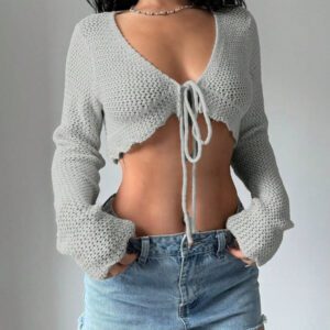Flirla Cardigan court à manches longues, col à nouer et couleur unie pour femme, décontracté pour l'automne