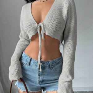 Flirla Cardigan court à manches longues, col à nouer et couleur unie pour femme, décontracté pour l'automne