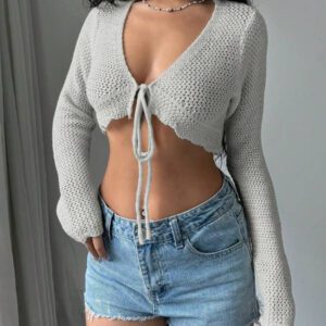 Flirla Cardigan court à manches longues, col à nouer et couleur unie pour femme, décontracté pour l'automne