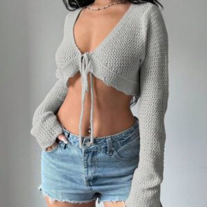 Flirla Cardigan court à manches longues, col à nouer et couleur unie pour femme, décontracté pour l'automne