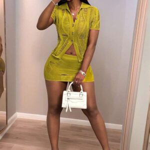 Slaydiva Ensemble 2 pièces pour femme, pull et mini-jupe moulante en crochet vert texturé ajouré. mode estivale 2025 pour festival de musique, Pâques, vacances, croisière, plage. Style décontracté avec col polo et manches courtes