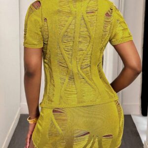 Slaydiva Ensemble 2 pièces pour femme, pull et mini-jupe moulante en crochet vert texturé ajouré. mode estivale 2025 pour festival de musique, Pâques, vacances, croisière, plage. Style décontracté avec col polo et manches courtes
