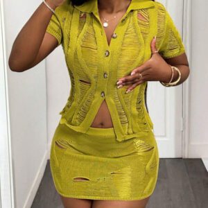 Slaydiva Ensemble 2 pièces pour femme, pull et mini-jupe moulante en crochet vert texturé ajouré. mode estivale 2025 pour festival de musique, Pâques, vacances, croisière, plage. Style décontracté avec col polo et manches courtes