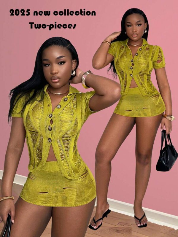 Slaydiva Ensemble 2 pièces pour femme, pull et mini-jupe moulante en crochet vert texturé ajouré. mode estivale 2025 pour festival de musique, Pâques, vacances, croisière, plage. Style décontracté avec col polo et manches courtes – Image 10