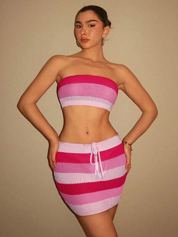 SHEIN BAE Ensemble tube Top tricoté blocs de couleurs & jupe tricotée & Festival de musique & burkini & ensemble – Image 5