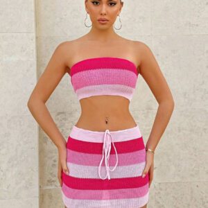 SHEIN BAE Ensemble tube Top tricoté blocs de couleurs & jupe tricotée & Festival de musique & burkini & ensemble