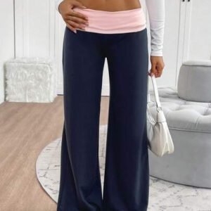 INAWLY Pantalon de jogging ample à taille pliante contrastée pour femmes
