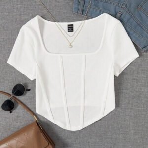 SHEIN EZwear T-shirt D'été Blanc À Encolure Carrée Et Couture Avant