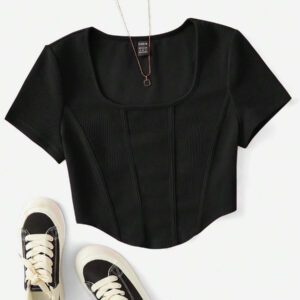 SHEIN EZwear T-shirt D'été Blanc À Encolure Carrée Et Couture Avant