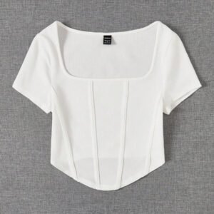 SHEIN EZwear T-shirt D'été Blanc À Encolure Carrée Et Couture Avant