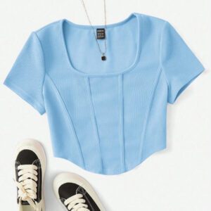 SHEIN EZwear T-shirt D'été Blanc À Encolure Carrée Et Couture Avant