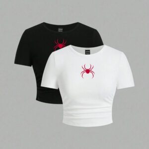 SHEIN EZwear 2 pièces T-shirt ajusté à manches courtes pour femmes avec motif rond minimaliste graphique d'araignée rouge, convient pour le printemps et l'automne
