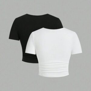 SHEIN EZwear 2 pièces T-shirt ajusté à manches courtes pour femmes avec motif rond minimaliste graphique d'araignée rouge, convient pour le printemps et l'automne