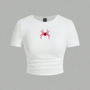 SHEIN EZwear 2 pièces T-shirt ajusté à manches courtes pour femmes avec motif rond minimaliste graphique d'araignée rouge, convient pour le printemps et l'automne