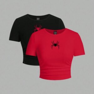 SHEIN EZwear 2 pièces T-shirt ajusté à manches courtes pour femmes avec motif rond minimaliste graphique d'araignée rouge, convient pour le printemps et l'automne
