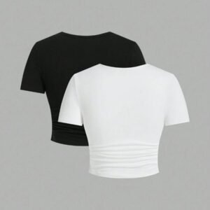 SHEIN EZwear 2 pièces T-shirt ajusté à manches courtes pour femmes avec motif rond minimaliste graphique d'araignée rouge, convient pour le printemps et l'automne