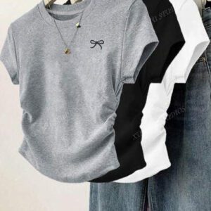 3 pièces T-shirt décontracté pour femmes à col rond, manches courtes, imprimé papillon, avec détails de volants, couleur unie, coupe slim