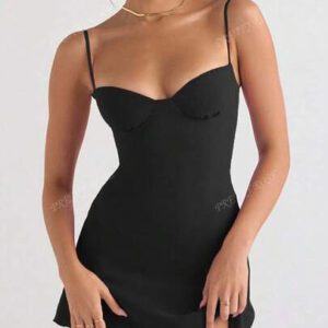 Robe courte à armatures noire sexy et unie en style A pour femmes, style élégant convenant aux sorties quotidiennes, rendez-vous, fêtes, tenues de vacances d'été/printemps