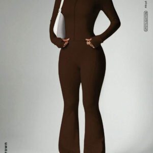 FWH Ensemble de 2 pièces prêt pour la rue, contrôle du ventre + manches avec trou pour le pouce, du gymnase à la rue, zip avant inspiré du corset, pantalon évasé stretch 4 sens, bande de taille antidérapante, veste sculptante avec détail de zip + pantalon liftant les fesses, ensemble boost de confiance, veste femme à zip avant et pantalon évasé, Ensemble 2 pièces femme