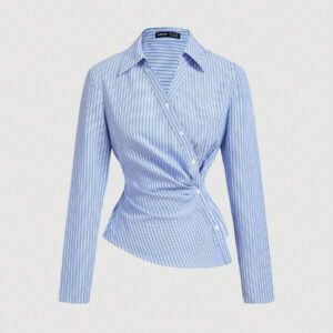 SHEIN MOD Women's Blue & White Striped Turn-Down Collar Fold-Over Long Sleeve Business ,Business Casual Women,90s ,Fall Clothing, Clothes,Business Casual Women,Back To School,Women Blouses,Going Out Tops,Long Sleeve Shirt,Work Women Blouses
