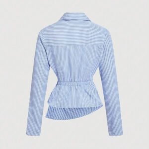 SHEIN MOD Women's Blue & White Striped Turn-Down Collar Fold-Over Long Sleeve Business ,Business Casual Women,90s ,Fall Clothing, Clothes,Business Casual Women,Back To School,Women Blouses,Going Out Tops,Long Sleeve Shirt,Work Women Blouses