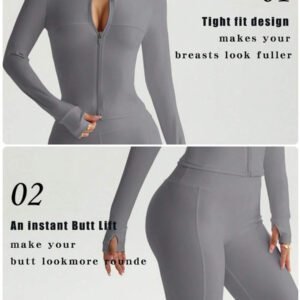 FWH Ensemble de 2 pièces prêt pour la rue, contrôle du ventre + manches avec trou pour le pouce, du gymnase à la rue, zip avant inspiré du corset, pantalon évasé stretch 4 sens, bande de taille antidérapante, veste sculptante avec détail de zip + pantalon liftant les fesses, ensemble boost de confiance, veste femme à zip avant et pantalon évasé, Ensemble 2 pièces femme