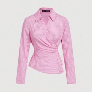 SHEIN MOD Women's Blue & White Striped Turn-Down Collar Fold-Over Long Sleeve Business ,Business Casual Women,90s ,Fall Clothing, Clothes,Business Casual Women,Back To School,Women Blouses,Going Out Tops,Long Sleeve Shirt,Work Women Blouses