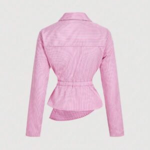 SHEIN MOD Women's Blue & White Striped Turn-Down Collar Fold-Over Long Sleeve Business ,Business Casual Women,90s ,Fall Clothing, Clothes,Business Casual Women,Back To School,Women Blouses,Going Out Tops,Long Sleeve Shirt,Work Women Blouses